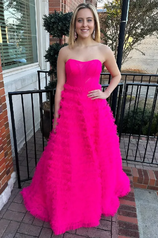 Hot Pink Strapless Tulle Tiered A-Line Long Prom Dress,DP1291