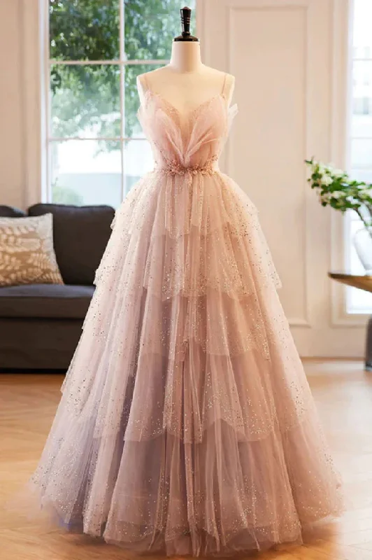 Gorgeous V Neck Beaded Tulle Layered Long Prom Dress Evening Gown,DP1419