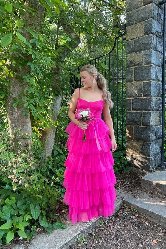 Hot Pink A-Line Spaghetti Straps Tulle Tiered Long Prom Dress,DP1562