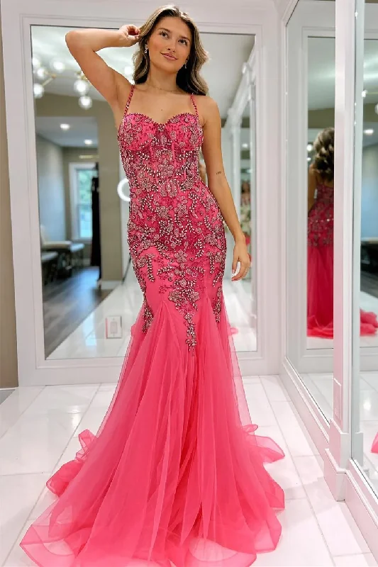 Gorgeous Tulle Beading Mermaid Spaghetti Straps Long Evening Dress ,DP1264