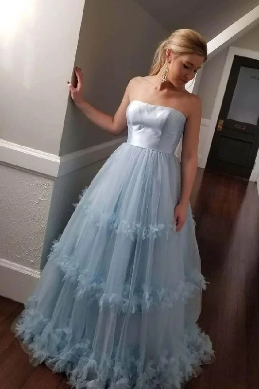 Light Blue Strapless Tulle A Line Formal Gown Long prom Dress,DP1545