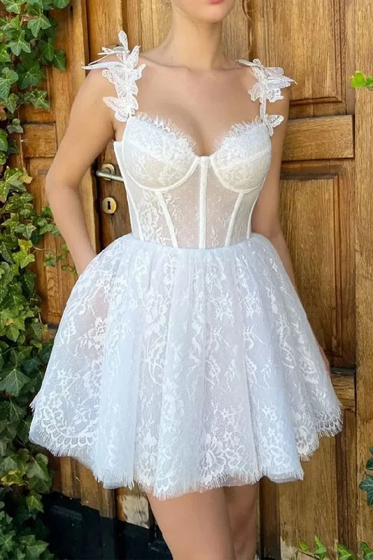 White Lace Short Tulle Prom Dress Homecoming Dress