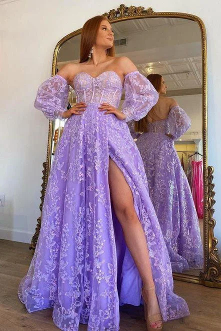 Lilac Sweetheart A-Line Tulle Lace Long prom Dress with Slit,DP1430