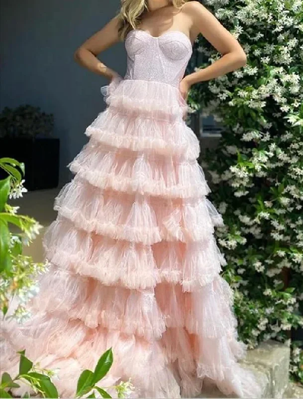 Pink Sweetheart Strapless A-Line Tulle Tiered Long Prom Dress Evening Gown,DP1614