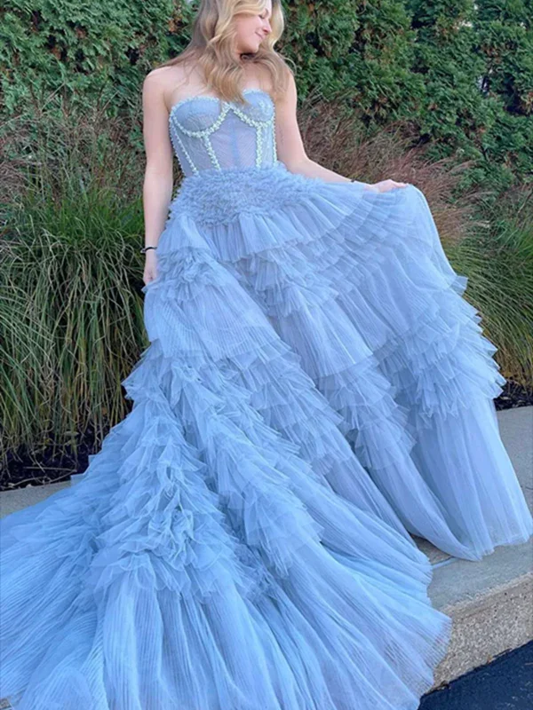 Elegant Sweetheart A-line Tulle Tiered Long Prom Dress Ball Gown,DP1240