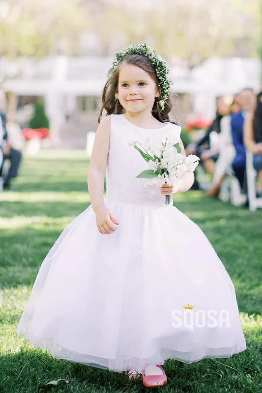 Round Neckline White Tulle A-Line Simple Flower Girl Dress QF0818