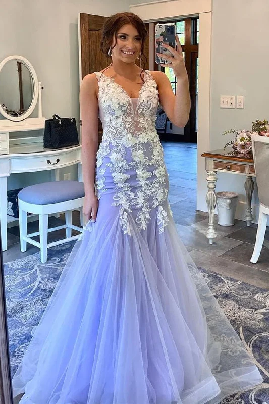 Lilac Backless Tulle Appliques Mermaid Long Prom Dress,DP1296